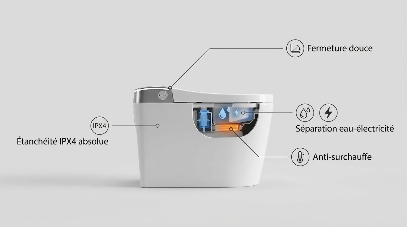 Schéma : étanchéité IPX4, séparation eau et électricité, anti-surchauffe, fermeture douce
