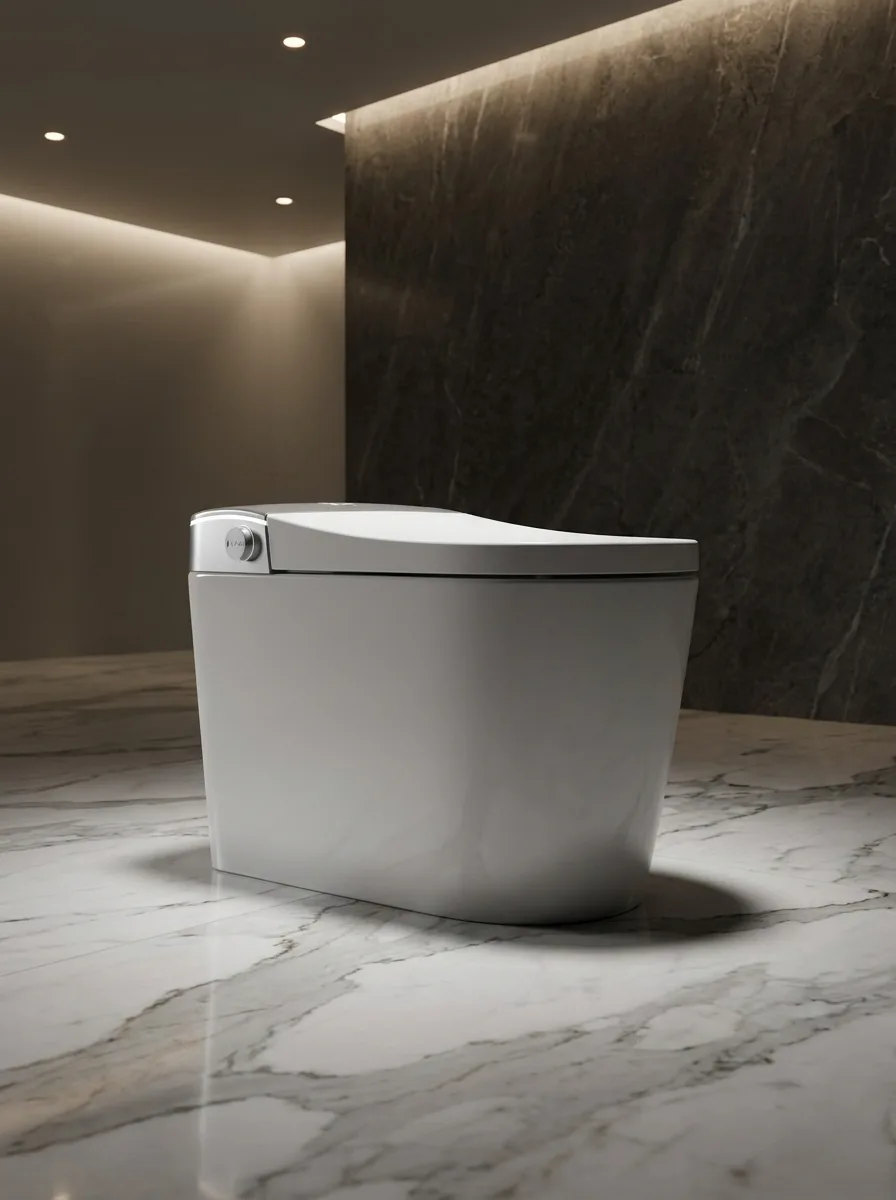 WC japonais Technobain dans une salle de bain en marbre éclairée